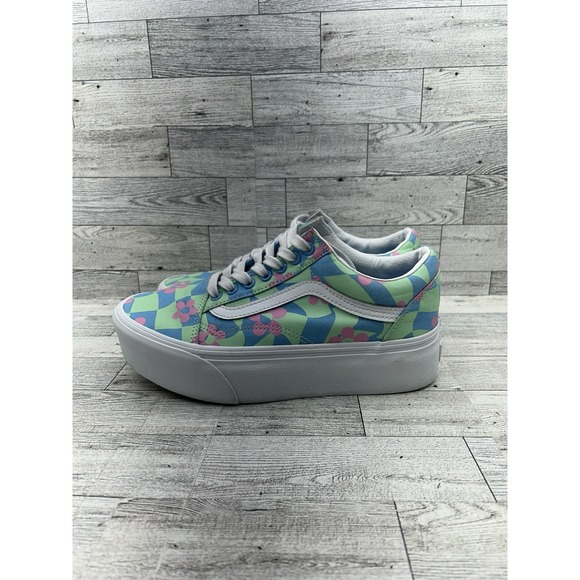Vans‎ Old Skool Stacked Platform Shoes Womens 8 Men 6.5 Checkerboard Floral Blue - Picture 4 of 11